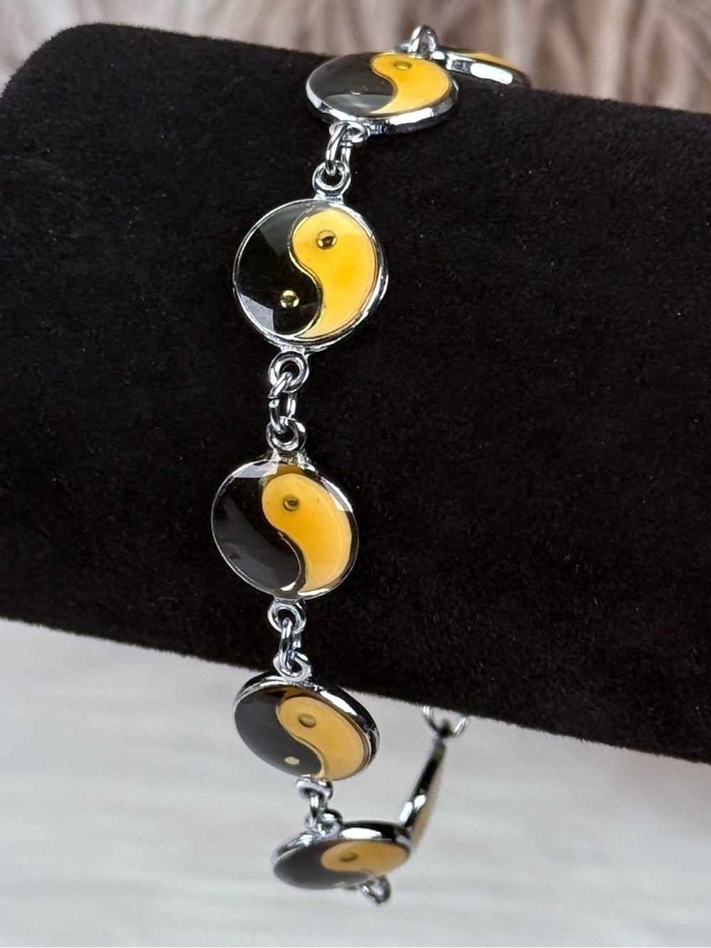 Yin and yang, Silvertone, yellow, and black bracelet